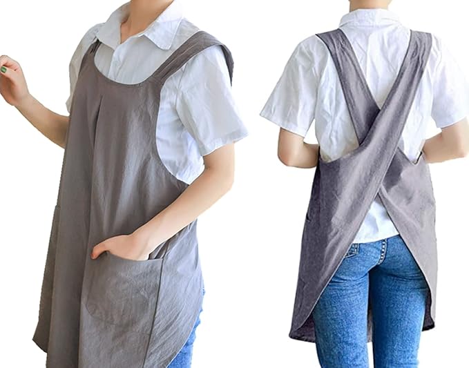 Japanese Korean Cotton Linen Apron for Women Halter Cross Bandage