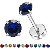 VDKIDKT Natural Birthstone Stud Earrings for Women Teen Girls, Small 3mm CZ Stud Flat Back Earrings, Screw Back Tiny Earrings Studs, Cartilage/Tragus/Second Hole Earrings
