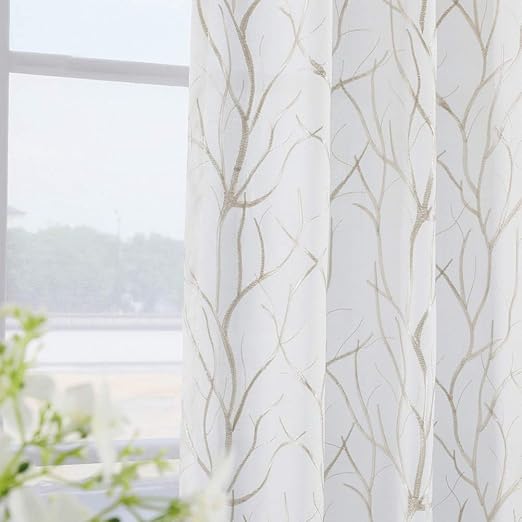 Amazon Com Twin Six Embroidered Curtains Tree Branch Design Curtains Faux Linen Drapes Rod Pocket With 7 Back Loops For Bedroom Living Room Ivory White Tan 52 X 95 2 Panels Kitchen Dining