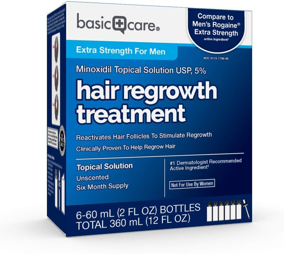  Basic Care Minoxidil Topical Solution USP, 5%, Hair Regrowth Treatment for Men, Extra Strength, 12 Fluid Ounces : Health & Personal Care