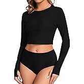 WOWENY Cropped Rash Guard Shirts for Women Long Sleeve with Thumb Holes UPF50+ Surfing Swimsuit Top No Bottom