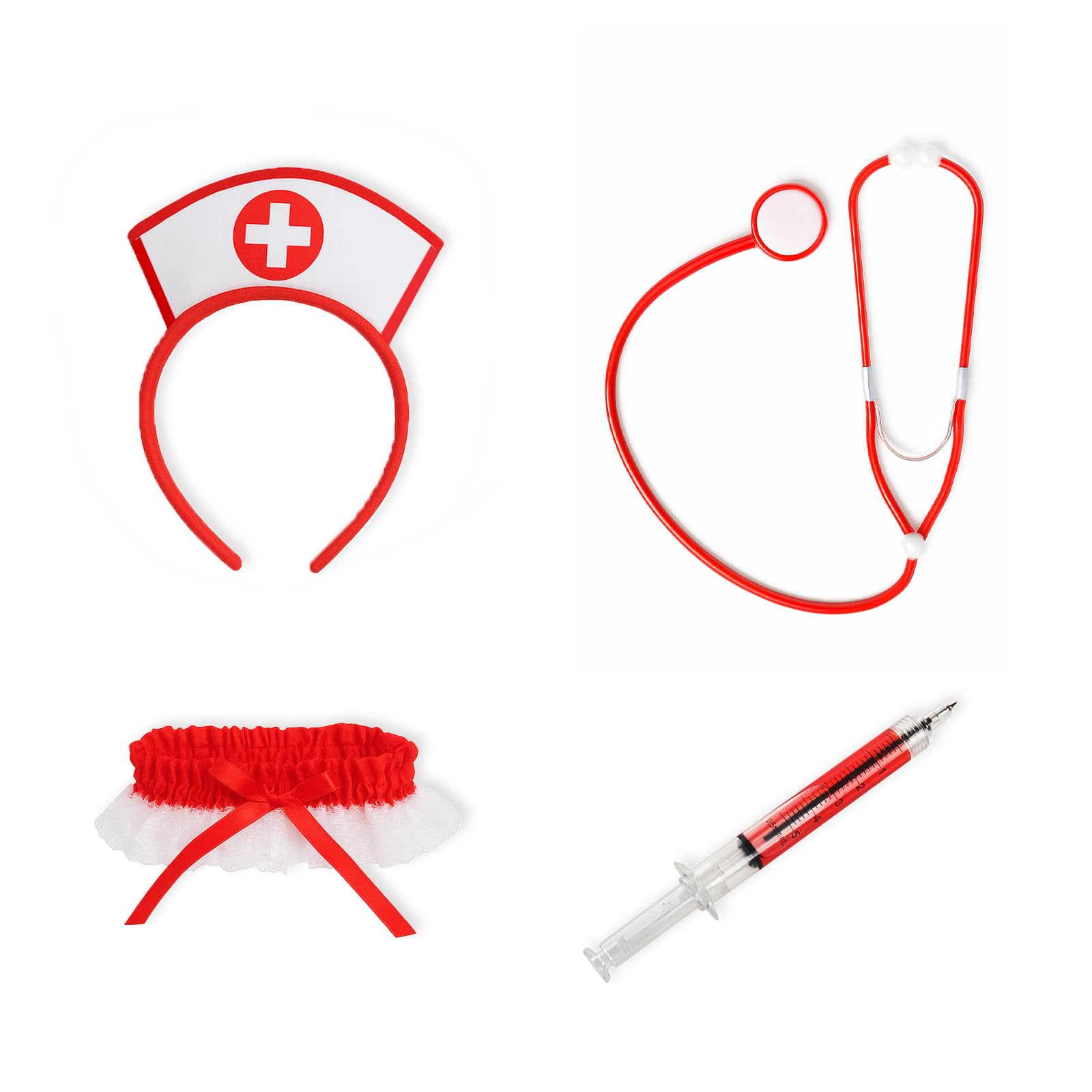 Photo 1 of 8-Piece Nurse Costume Accessories Kit with 2 Red Hat Headband, 2 Stethoscope, 2 Pen and 2 Lace Garters for Halloween, Cosplay & Role-Play Events