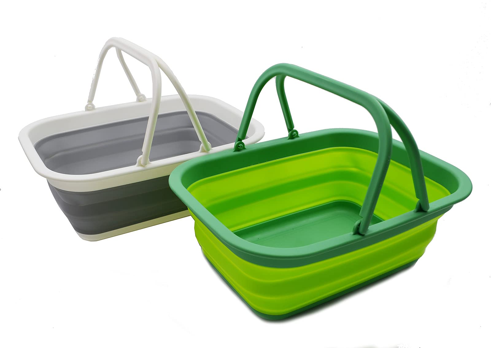 SAMMART 9.2L Collapsible Tub with Handle - Portable Outdoor Picnic Basket/Crater - Foldable Shopping Bag - Space Saving Storage Container (Grey & Fluorescent Green, 2)