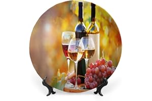 LIGUTARS Decorative Plates, Wine Print Ornament, Tasty Wine on Wooden Barrel on Grape Plantation, 10 Inch, Kitchen Wall Decor, Orange Red Black