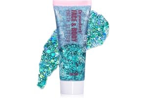 Drawdart Turquoise Face Glitter Gel,Sparkling Glitter Gel for Face Hair Body,Holographic Long Lasting Chunky Sequins Glitters,Festival Rave Accessories Makeup 50ml