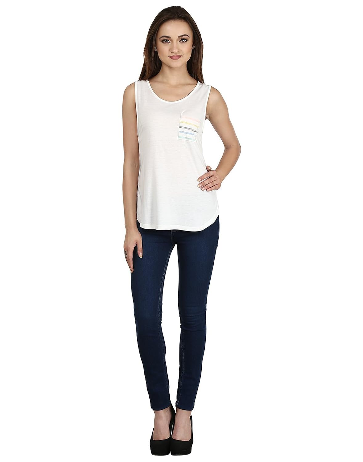 ruse. viscose sleeveless u neck white tank top for women
