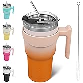 BJPKPK 30 oz Tumbler With Handle And Straw Stainless Steel Insulated Tumbler With Lid Reusable Metal Coffee Cups,Coral