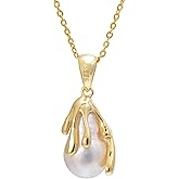 925 Sterling Silver Dripping on Cultured Freshwater Baroque Pearl Pendant Necklace, Yelow Gold Plated