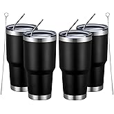 MEWAY 30oz Insulated Tumbler With Lids and Straws,Stainless Steel Double Vacuum Coffee Tumbler Cup, Brush, Durable Powder Coated Coffee Cup for Cold & Hot Drinks, Office, Travel(Black,4 PACK)
