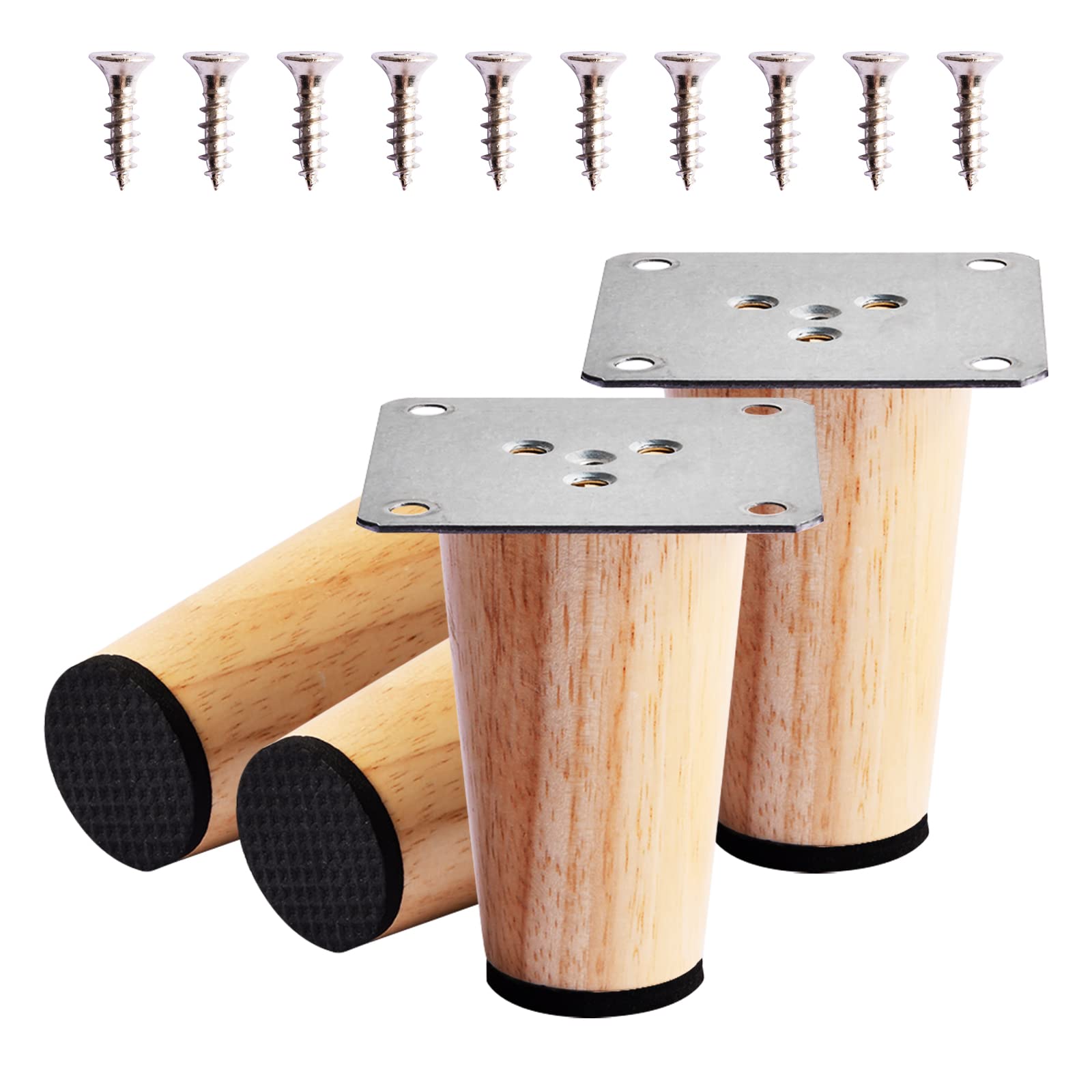 Daelesr 4 Pcs 8cm Wooden Furniture Legs, Replacement Solid Wood Sofa Legs with Mounting Plate Screws and Anti-Slip Mats, Straight Furniture Armchair Cabinet Feet for Couch Table Chair Dresser Bed