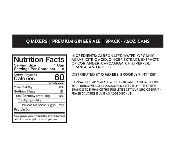 Q GINGER ALE WITH REAL GINGER & ORGANIC AGAVE – IDEAL FOR COCKTAILS & MOCKTAILS – MADE WITH REAL INGREDIENTS, PERFECTLY CARBONATED, & LESS SWEET – 60 CALORIES PER CAN – 7.5 FL OZ CANS (PACK OF 8)