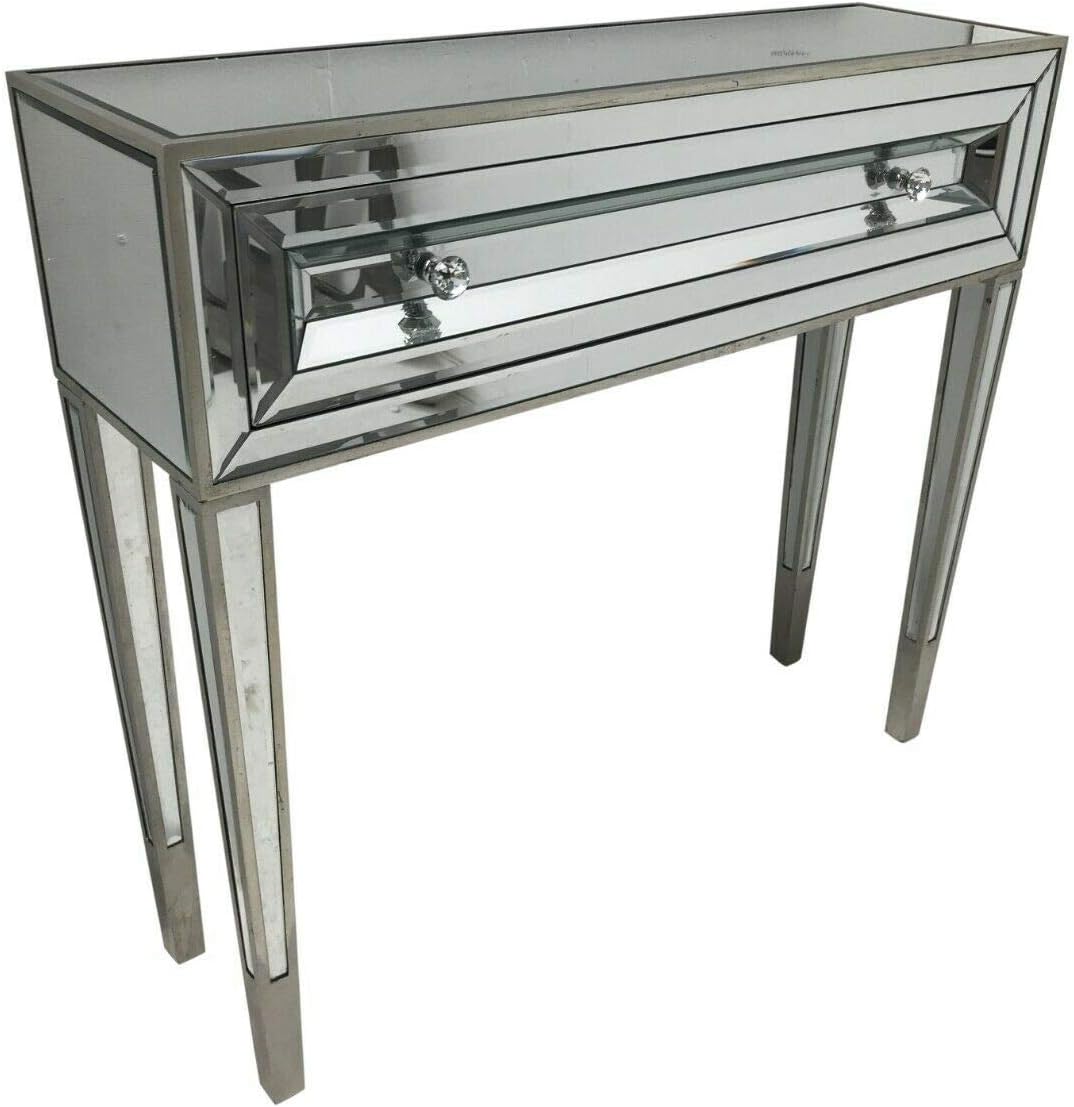 Interiors In Vogue Mirrored Rectangle Console Dressing Table Desk - Venetian Glass Furniture 1 Drawer With Silver Trim
