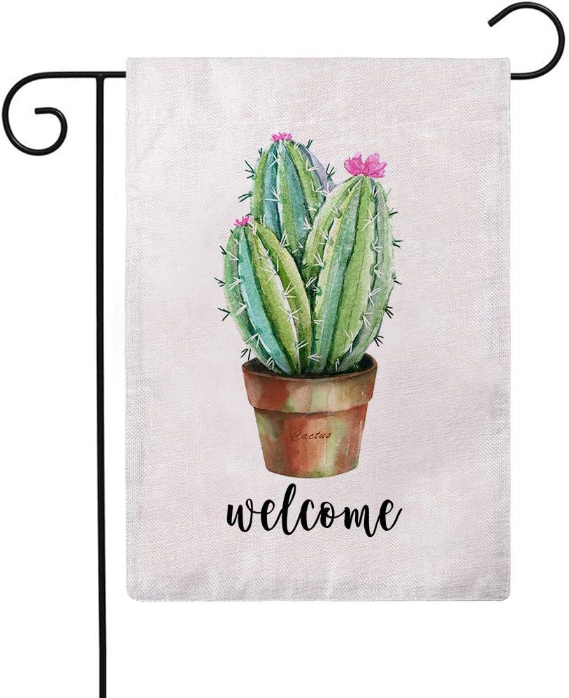 ULOVE LOVE YOURSELF Welcome Garden Flag with Summer Cactus Design Double Sided Decorative Outdoor House Yard Flag Home Decor Flags 12 x 18 Inch
