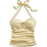 SOLY HUX Women's V Neck Halter Tops Open Back Y2k Ruched Floral Metal Summer Going Out Cami Tops