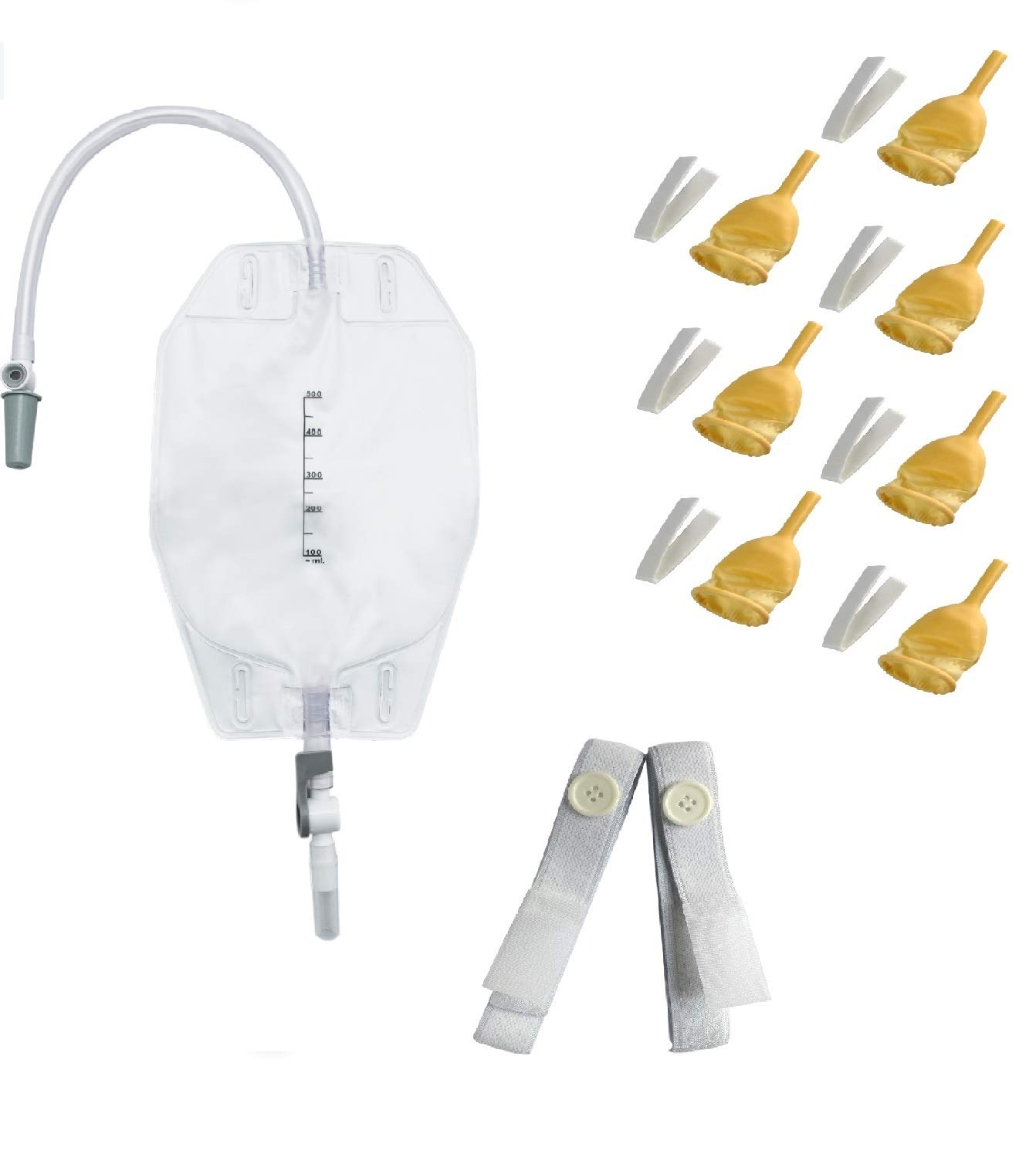 Weekly Pack Urinary Set with 500ml Urine Leg Bag, 7 x 35mm Latex Male Urinary Sheath, Buttoned Fabric Leg Bag Holder Strap - Safe and Durable Materials - Ideal for Patient Care, Incontinence
