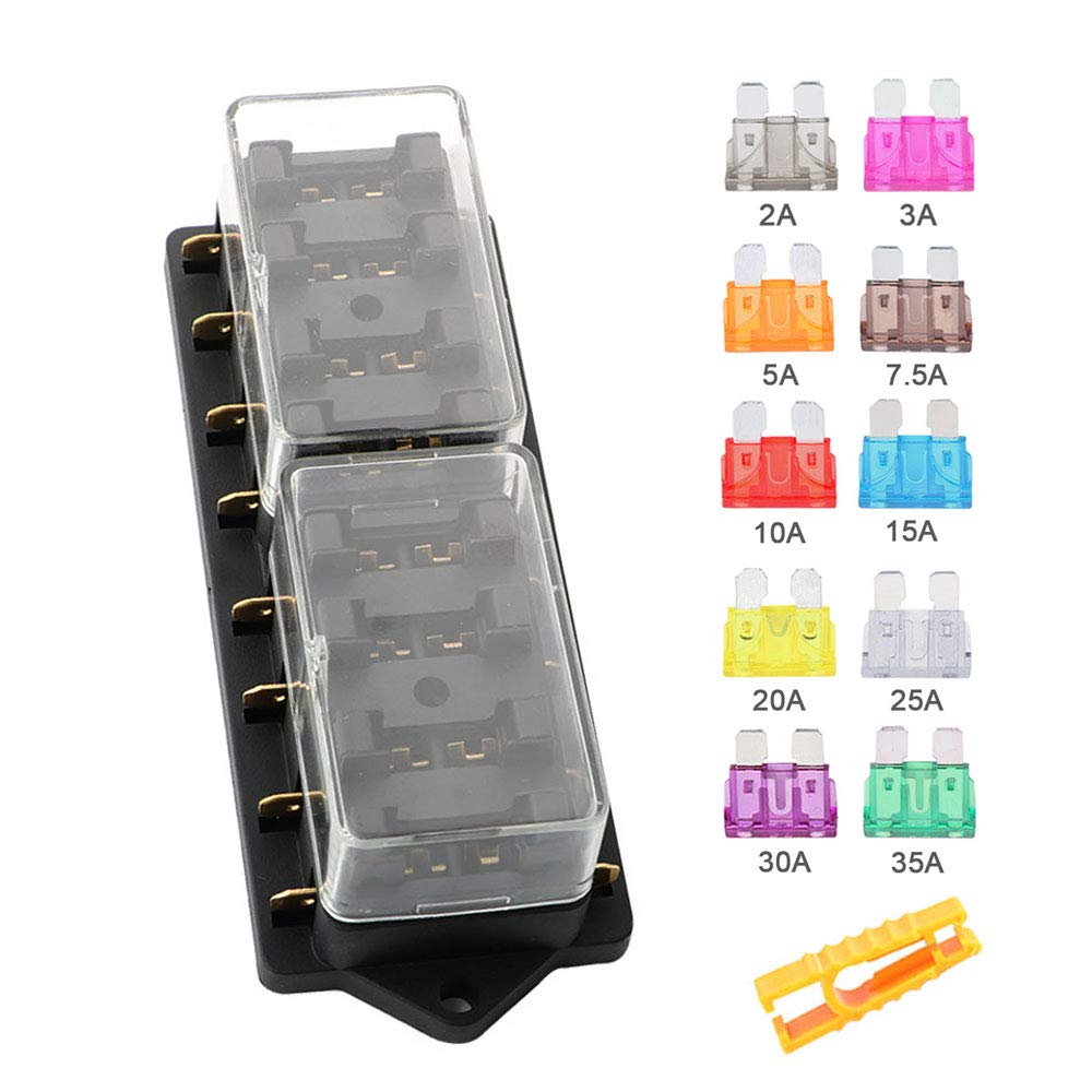 Aiqeer 8 Way Car Blade Fuse Block, Universal Standard 12V/24V/32V/48V, Black, Panel Mount, 8 Poles, 8 Positions, Screw Connector, PBT & PC Material, Compact & Sturdy, Damp-Proof Cover