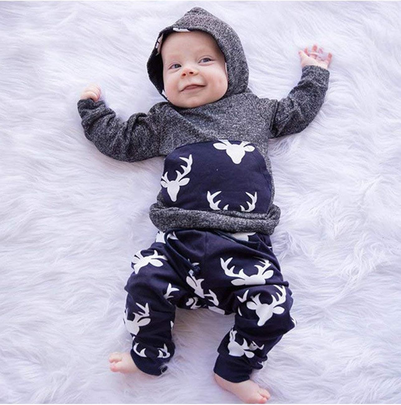 Toddler Infant Baby Boys Deer Long Sleeve Hoodie Tops Sweatsuit Pants Outfit Set: Clothing