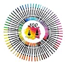 100 Unique Colors Dual Tip Brush Pens Non-Toxic Odorless Markers Set Fineliner Tip 0.4 with Fine Liners Tip and Brush Tip for Coloring Books, Drawing, Painting,Calligraphy Bullet Journal HO-100