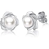 JORA Rose Gold Plated Sterling Silver Rose Flower & Pearl Stud Earrings for Women
