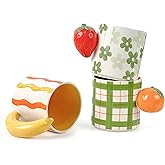 DIF DECO Ceramic Coffee Mugs Set of 3, Stackable Funny Tea Cup with Unique Fruit Shape Aesthetic Mug with Handle for Latte/Cappuccino/Cocoa - Microwave and Dishwasher Safe (14oz)