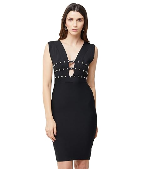 Buy Bebe Black V Neck Studded Bandage Dress At Amazon In