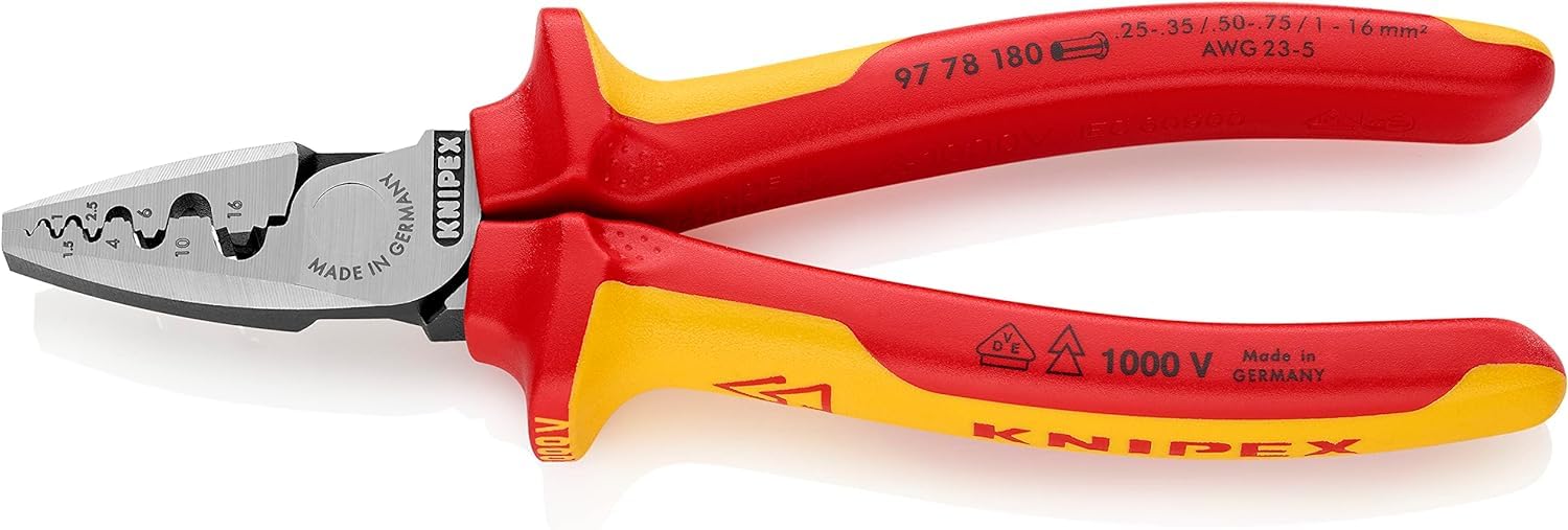 KNIPEX Crimping Pliers for Wire Ferrules Self-Service Card Insulated with Multi-Component Grips, VDE-Tested 180 mm, 97 78 180 SB