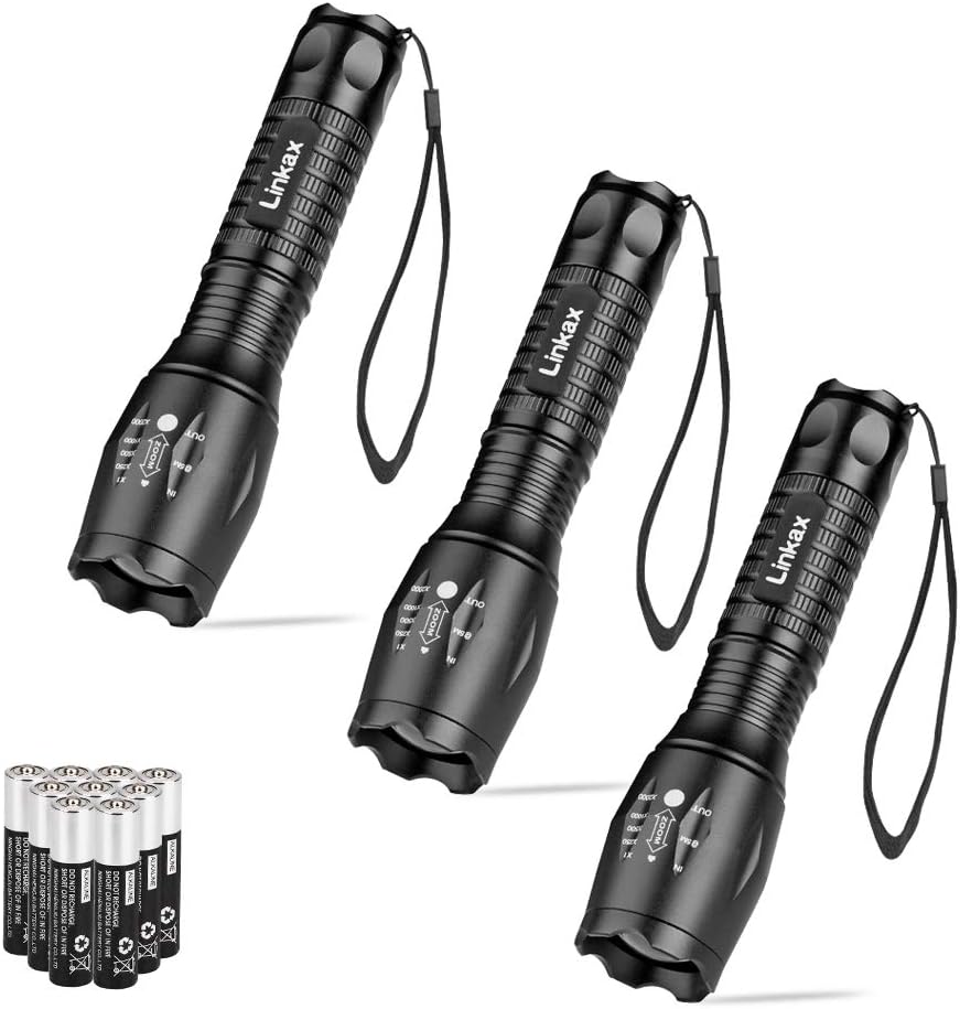 Linkax LED Torch Tactical Flashlight 3 Pack Super Bright Handheld Flashlights 5 Modes Pocket Torch for Camping,Hiking and Outdoor(9 x AAA Batteries Included)
