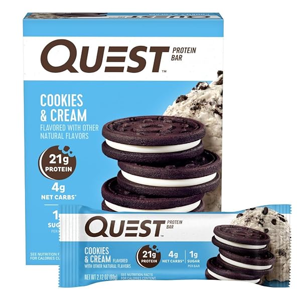 QUEST NUTRITION COOKIES & CREAM PROTEIN BARS, 21G PROTEIN, 4G NET CARBS, 1G SUGAR, GLUTEN FREE, KETO FRIENDLY, 4 COUNT