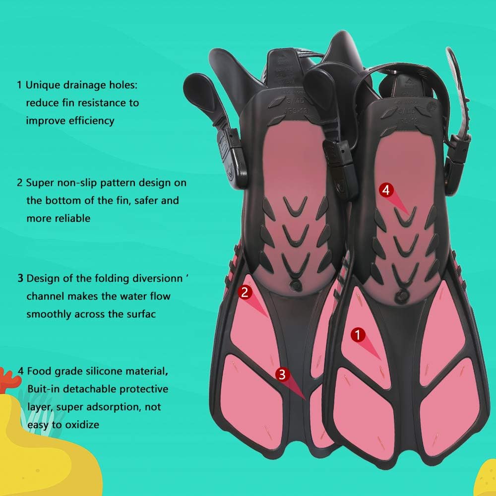 Ertong Children Snorkel Set Kids Scuba Diving Equipment Packages Including Adjustable Swimming Fins/Flippers + Automatic Breathing Tube + Tempered Glass Lens Snorkeling Mask (Rose Red) : Sports & Outdoors