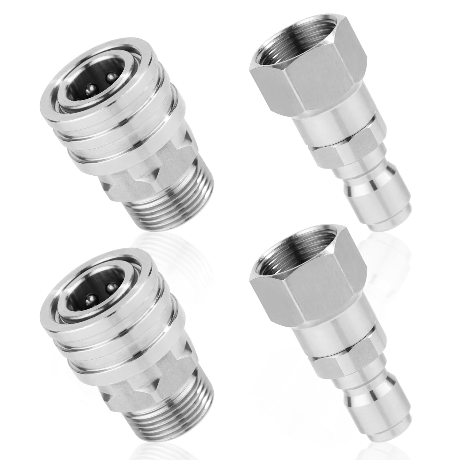 4pcs Pressure Washer Swivel Adapter, Premium Stainless Steel Accessories Pressure Washer Hose Quick Fitting M22 14mm 3/8" Connect Replacement Fast Used for Pressure Cleaner Attachments Parts(Silver)