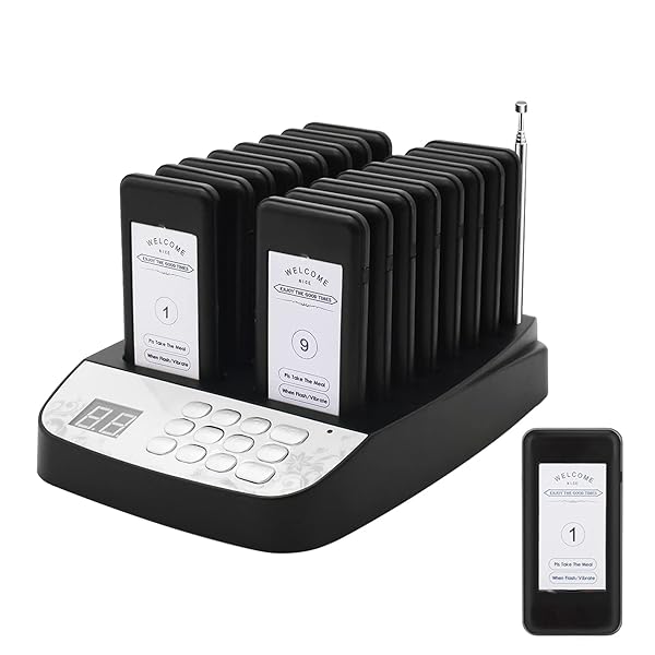 RESTAURANT PAGER SYSTEM, 16 WIRELESS BUZZERS FOR RESTAURANT, SET WITH VIBRATION, FLASHING AND BUZZER, PAGERS FOR RESTAURANTS, CHURCH, HOSPITAL, BAR, HOTEL,TRUCK,NURSERY, COFFEE SHOP (BLACK)