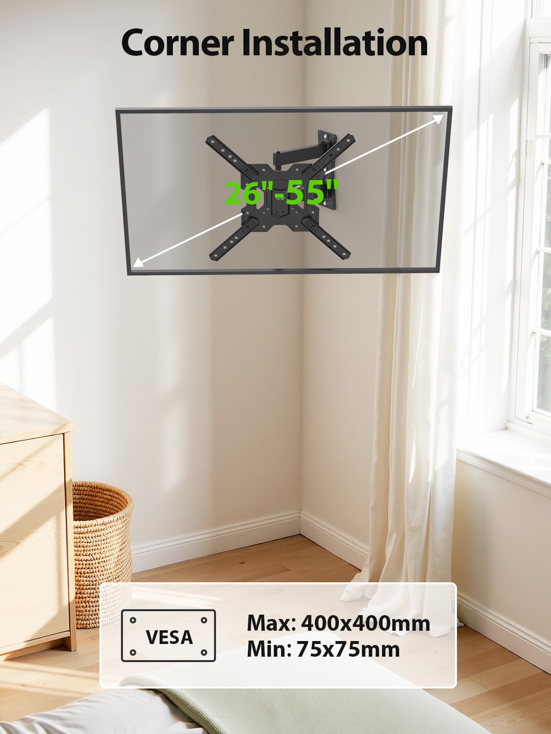 USX MOUNT UL Listed Full Motion TV Mount, Swivel Articulating Tilt TV Wall Mount for 26-55Inch LED, 4K, Wall Mount Bracket with VESA 400x400mm Up to 77lbs, Perfect Center Design -XMM006-1