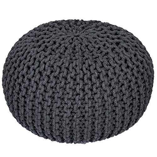Rajrang Hand Knit Pure Cotton Stuffed Pouf Charcole Grey Braid Cord Stitched Round Footstool Ottoman Home Decorative for Living Room Perfect Outdoor Seating