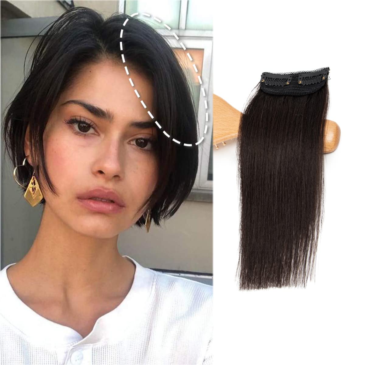 Photo 1 of FEIPRO Real Human Hair Silky Straight Short Hair Extensions Volume Insert Clip Natural Invisible Lady Parts Frontal Bangs Toppers for Women Men Thinning Hair Short Hair 4"#1B Natural Black