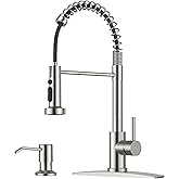 FORIOUS Kitchen Faucet with Soap Dispenser, Stainless Steel Kitchen Sink Faucet with Pull Down Sprayer Burhsed Nickel Single Handle Modern Spring Commercial for Laundry Room RV Camp Bar Farmhouse