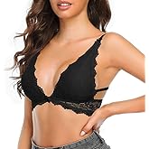 SHEKINI Women's Lace Bra Triangle Bralette Wireless Padded Plunge Low Back Bras Deep V Neck with Bowknot