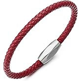 COOLSTEELANDBEYOND Minimalist Mens Women Leather Bracelet, Thin Braided Leather Bangle, Steel Oval Magnetic Clasp