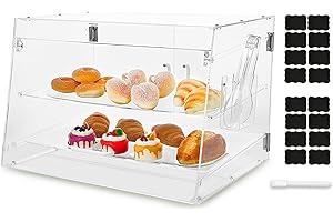 QMEEKI 2 Tray Commercial Countertop Bakery Display Case 21.6" x 15.7" x 15.7" Acrylic Pastry Display Case with Serving Tong, Bread Display Case with Front & Rear Doors