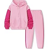 Klyatpxoen Ages 7-14 Girls' 2 Piece Color Block Zip Up Sweatshirt Hoodie and Jogger Pants Set