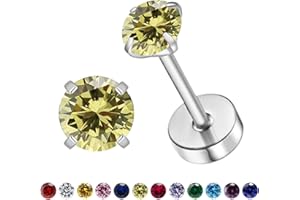VDKIDKT Flat Back Birthstone Stud Earrings for Women Girls, 3mm Tiny CZ Flat Back Stud Earrings, Screw Back Tiny Earrings Stu