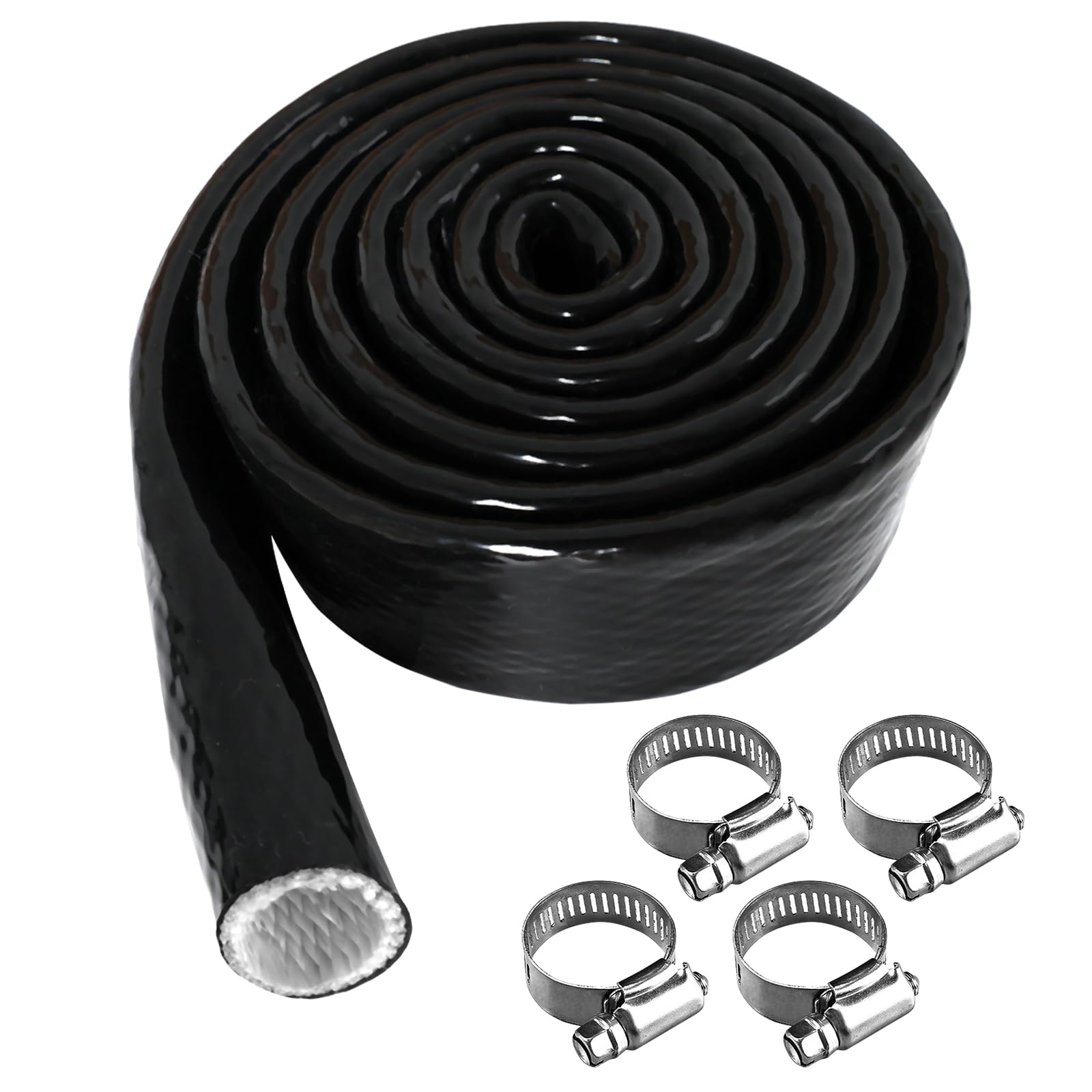 Photo 1 of 3/8" ID Heat Shielded Fire Thermo Armor Fire Sleeve Silicone Coated Fiberglass Heat Protection with 4 Clamps for Automotive Hoses, Wiring Harness, Exhaust, Spark Plug (Black 3/8" ID x5FT)