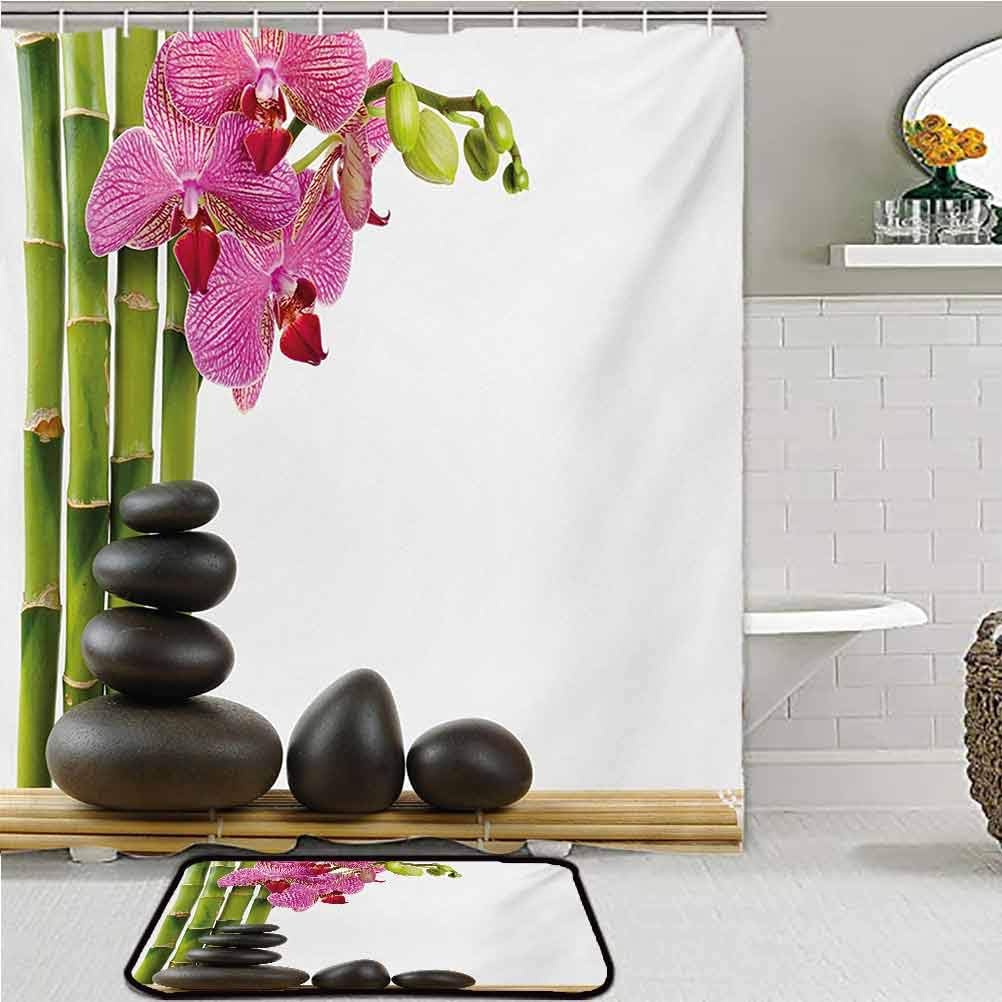 Amazon Com Alisoso Spa Bathroom Set Shower Curtain And Mats Beautiful Pink Orchid With Bamboos And Black Hot Stone Massage Image Print Kitchen Carpet Pink Green And Black Home Kitchen
