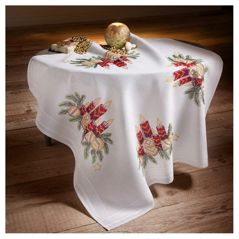 DECO-LINE Candle 80X80CM Printed Tablecloth Embroidery KIT, White, AA337