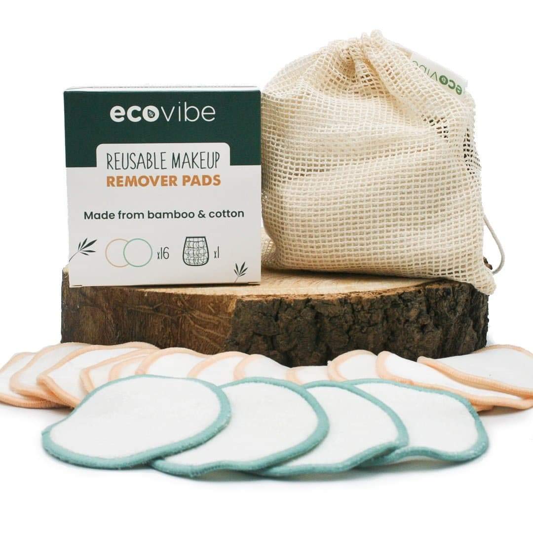 Ecovibe Plastic-Free Reusable Organic Makeup Remover Pads & Bag - Eco-Friendly, Extra Soft & Suitable For Sensitive Skin - Vegan Friendly - Includes 12x Velvet Pads, 4x Terry Pads & 1x Mesh Bag