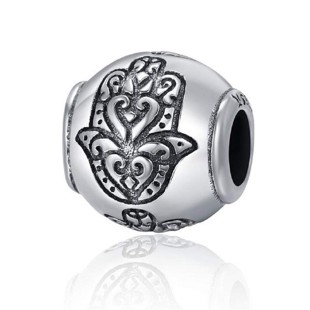 FeatherWish 925 Sterling Silver Lucky Hamsa Evil Eye Family Protection Love Travel Holiday Vintage Style Bead Charm Compatible With Pandora Bracelet