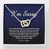 Interlocking Heart Necklace & Apology Card - Forgiveness Gift For Her, Unique Jewelry Card Set In Mahogany Box