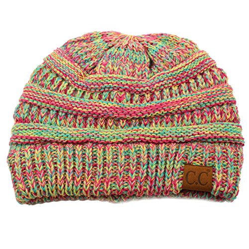 Quad Color Warm Chunky Thick Stretchy Knit Slouchy Beanie Skull Cap Hat Hot Pink