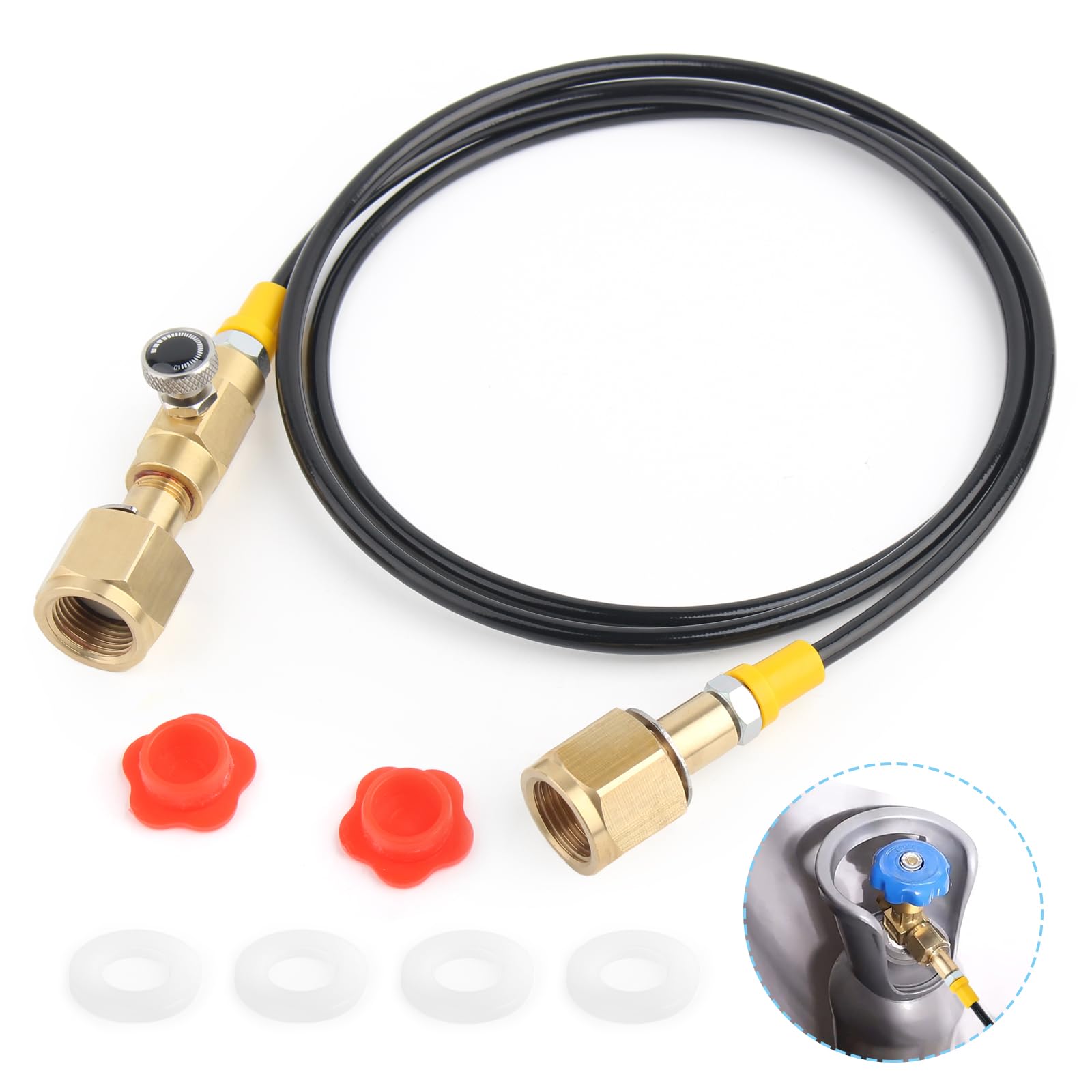 Photo 1 of CO2 Tank Refill Station Charging Adapter with 60 Inch Hose for Filling Soda Machine CO2 Adapter Quick Connector Hose CGA320 to CGA320 Threaded CO2 Tansfer Tank
