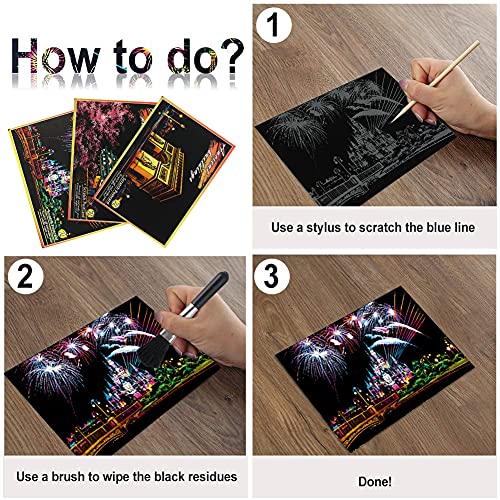 Koogel Kratzbilder, 16 Baltt 200 x 140 mm Scratch Paiting Paper Weltberühmte Sehenswürdigkeiten Feuerwerk Beschichtete Bunte Kratzpapier mit Werkzeug Set für Erwachsene