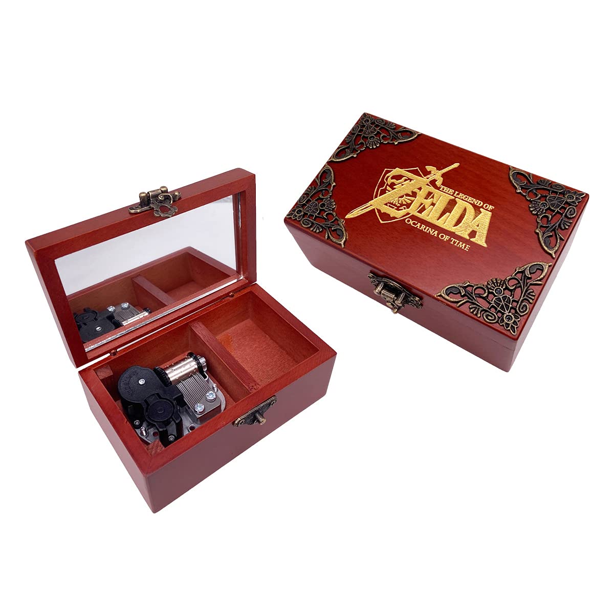 Zelda Jewelry Music box with Mirror Carved Wood Musical Box Wind up Gift Box (Melody:Song of Storms from Ocarina of Time, Silver movement)